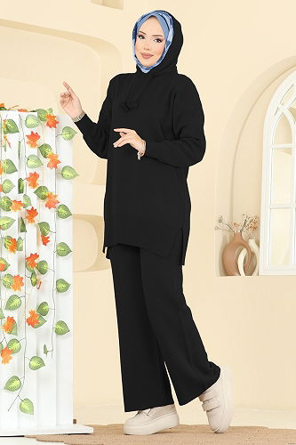 moda selvim Kapüşon Detaylı Triko Takım 1079BRZ597 Siyah - Thumbnail