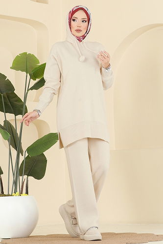 moda selvim Kapüşon Detaylı Triko Takım 1079BRZ597 Taş - Thumbnail