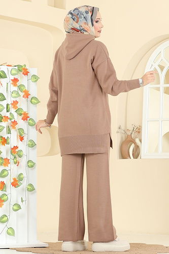 moda selvim Kapüşon Detaylı Triko Takım 1079BRZ597 Vizyon - Thumbnail