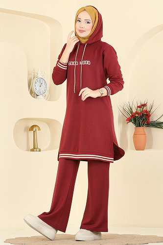 moda selvim Kapüşonlu 2 li Günlük Takım 716PM271 Bordo - Thumbnail