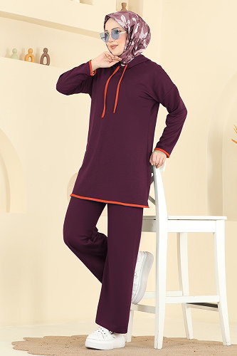 moda selvim Kapüşonlu Biyeli İki İp Takım 1019ETT926 Mürdüm - Thumbnail
