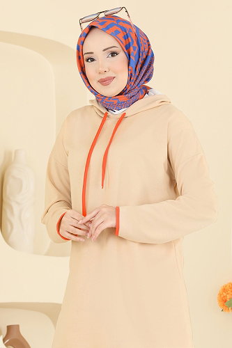 moda selvim Kapüşonlu Biyeli İki İp Takım 1019ETT926 Taş - Thumbnail
