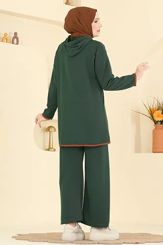 moda selvim Kapüşonlu Biyeli İki İp Takım 1019ETT926 Zümrüt - Thumbnail