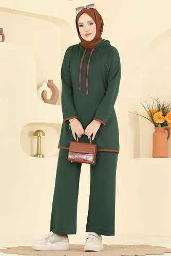 moda selvim Kapüşonlu Biyeli İki İp Takım 1019ETT926 Zümrüt - Thumbnail