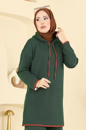 moda selvim Kapüşonlu Biyeli İki İp Takım 1019ETT926 Zümrüt - Thumbnail