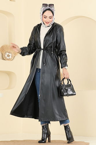 moda selvim Kapüşonlu Deri Kap 8148AB368 Siyah - Thumbnail