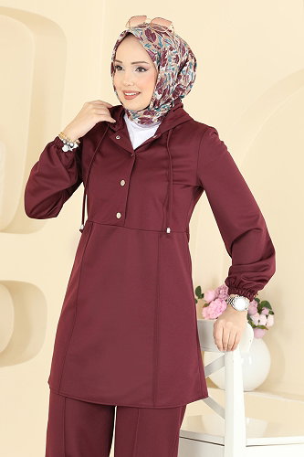 moda selvim Kapüşonlu Düğmeli 2 li Takım 2869SLK540 Bordo - Thumbnail
