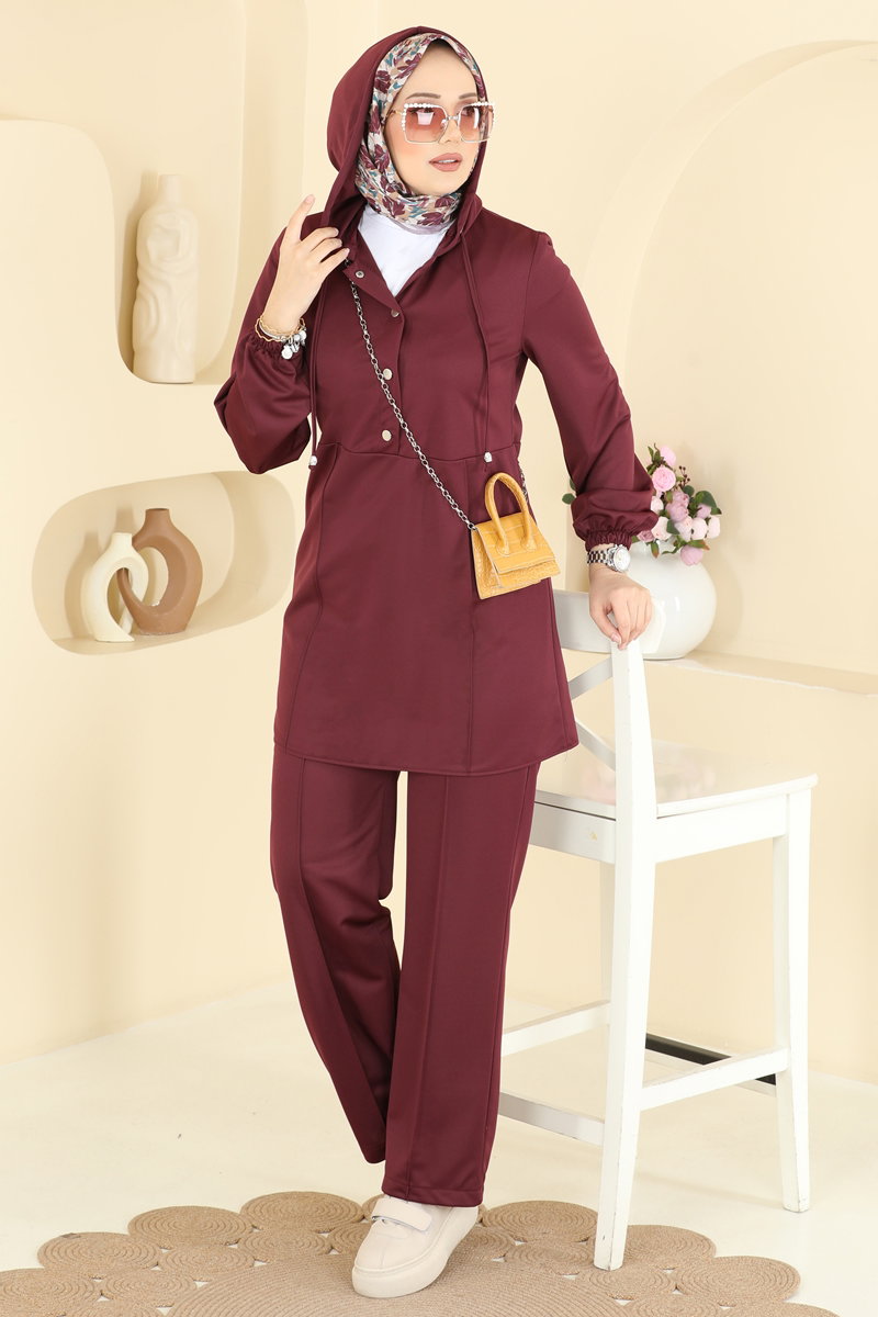 Kapüşonlu Düğmeli 2 li Takım 2869SLK540 Bordo