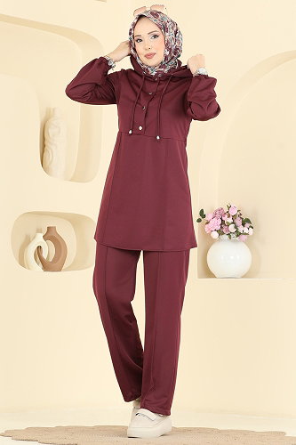 moda selvim Kapüşonlu Düğmeli 2 li Takım 2869SLK540 Bordo - Thumbnail