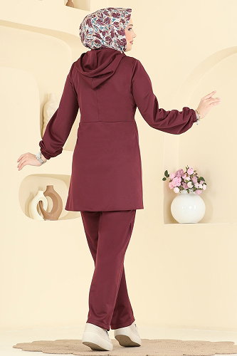 moda selvim Kapüşonlu Düğmeli 2 li Takım 2869SLK540 Bordo - Thumbnail