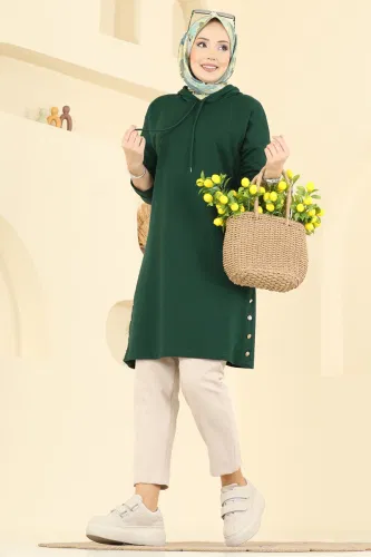 E.T.T. - Kapüşonlu İki İplik Tunik 1020ETT926 Zümrüt