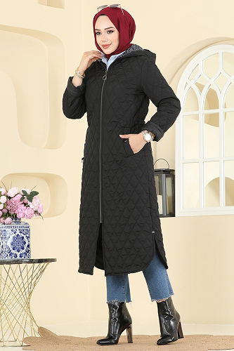 moda selvim Kapüşonlu Kapitone Kaban 4009HN394 Siyah - Thumbnail