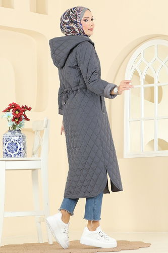 moda selvim Kapüşonlu Kapitone Kaban 4009HN394 Antrasit - Thumbnail