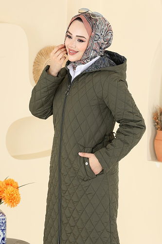 moda selvim Kapüşonlu Kapitone Kaban 4009HN394 Haki - Thumbnail