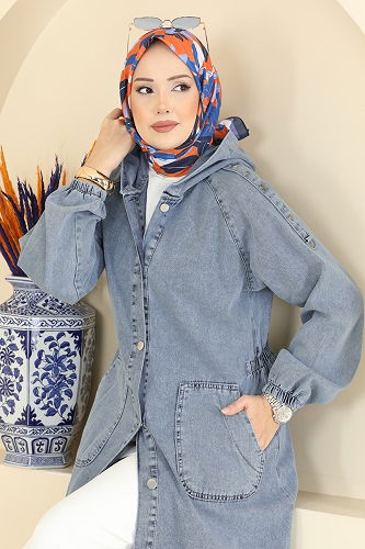 moda selvim Kapüşonlu Kot Kap 1352ORG1169 Açık Kot - Thumbnail