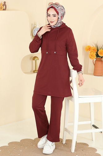 moda selvim Kapüşonlu Rahat İkili Takım PL9210 Bordo - Thumbnail