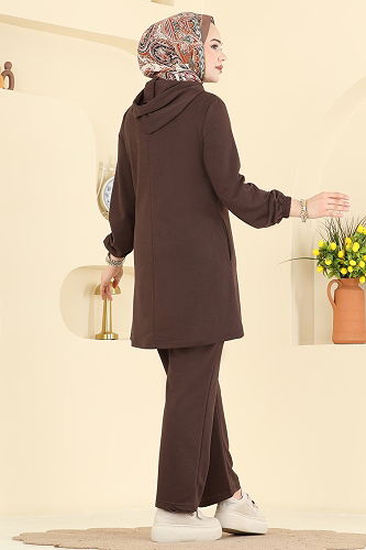 moda selvim Kapüşonlu Rahat İkili Takım PL9210 Kahve - Thumbnail