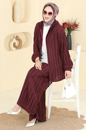 moda selvim Kapüşonlu Spor Şık 2 li Takım 0361BG354 Bordo - Thumbnail