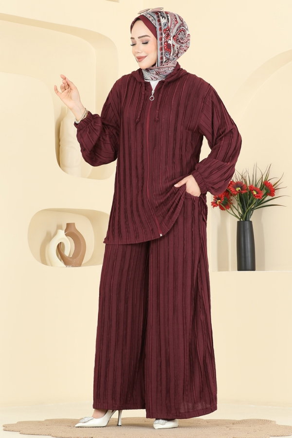 Modaselvim Kombin Kapüşonlu Spor Şık 2 li Takım 0361BG354 Bordo