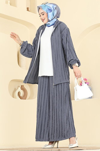 moda selvim Kapüşonlu Spor Şık 2 li Takım 0361BG354 Koyu Gri - Thumbnail