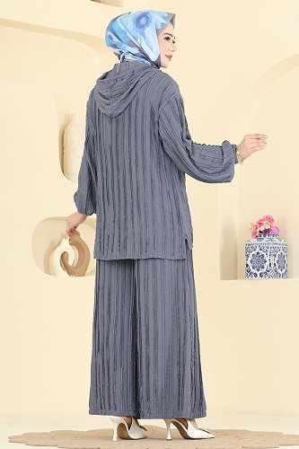 moda selvim Kapüşonlu Spor Şık 2 li Takım 0361BG354 Koyu Gri - Thumbnail