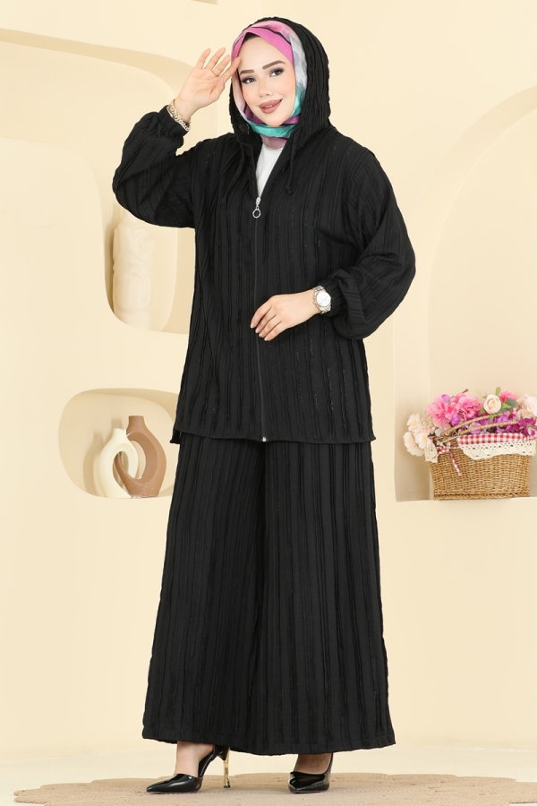 Modaselvim Kombin Kapüşonlu Spor Şık 2 li Takım 0361BG354 Siyah