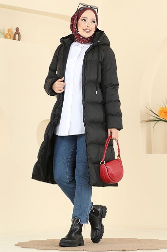 moda selvim Kapüşonu Bağcıklı Şişme Mont 1162YMC1171 Siyah - Thumbnail