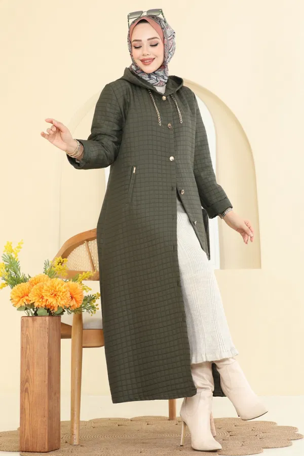 Modaselvim Kap / Kaban Kapüşonu Zincirli Kapitone Kap 1314-1ORG1169 Haki