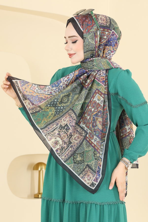 Modaselvim Şal Kare Desen Soft Şal Serisi 1310AFV475 Haki&Lila