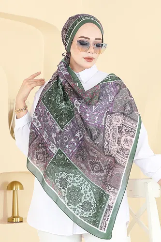 moda selvim Kare Desen Soft Şal Serisi 1310AFV475 Mint&Lila - Thumbnail