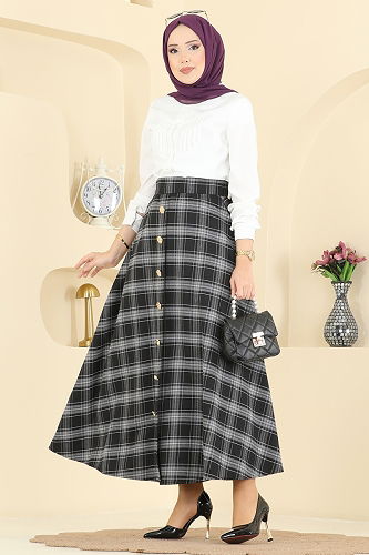moda selvim Kare Desenli Ekose Etek 3267HBS856 Desen 1 Siyah - Thumbnail