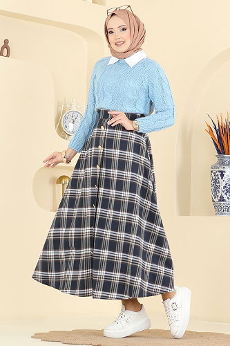 moda selvim Kare Desenli Ekose Etek 3267HBS856 Desen 2 Laci - Thumbnail