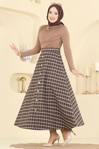 moda selvim Kare Desenli Ekose Etek 3267HBS856 Desen 3 Vizyon&Kahve - Thumbnail