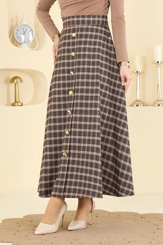 moda selvim Kare Desenli Ekose Etek 3267HBS856 Desen 3 Vizyon&Kahve - Thumbnail