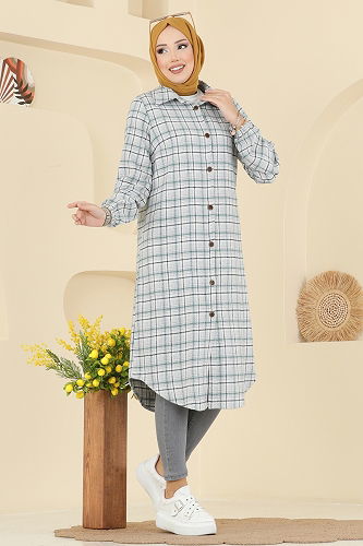 moda selvim Kare Desenli Ekose Tunik 3068KTR750 Açık Gri - Thumbnail