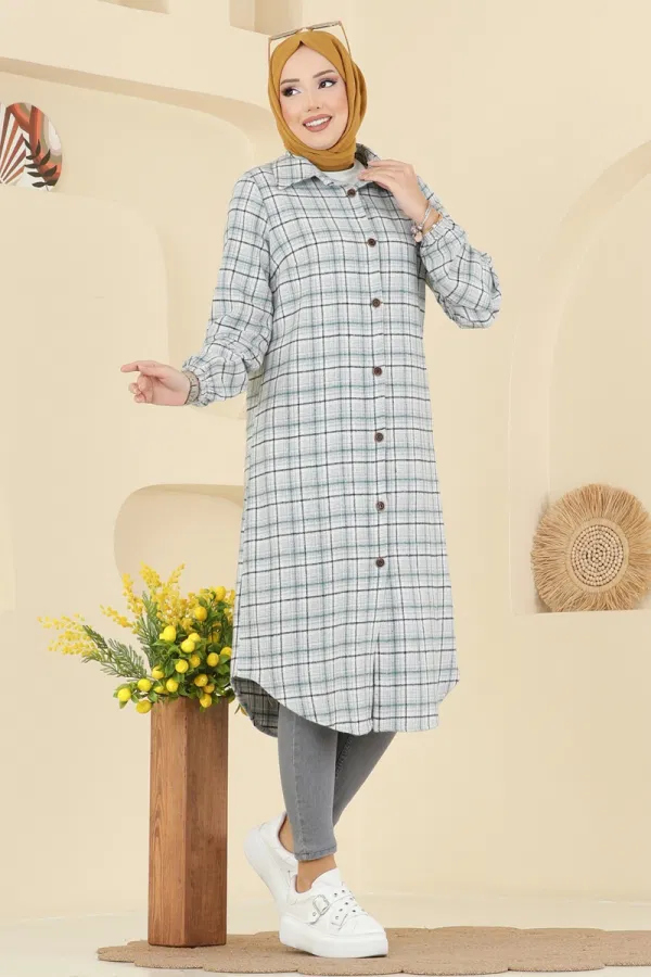 Modaselvim Tunik Kare Desenli Ekose Tunik 3068KTR750 Açık Gri
