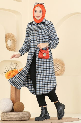 moda selvim Kare Desenli Ekose Tunik 3068KTR750 Bebe Mavisi - Thumbnail