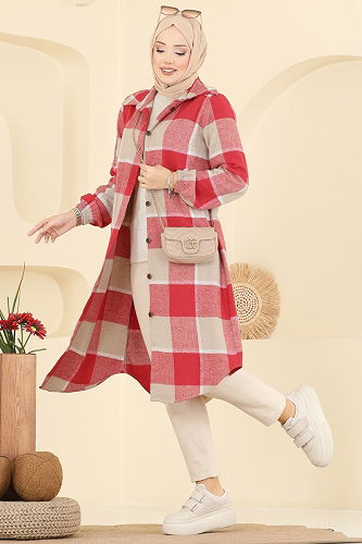 moda selvim Kare Desenli Ekose Tunik 3068KTR750 Bej&Kırmızı - Thumbnail