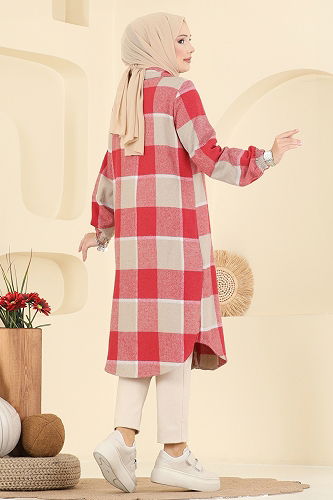 moda selvim Kare Desenli Ekose Tunik 3068KTR750 Bej&Kırmızı - Thumbnail