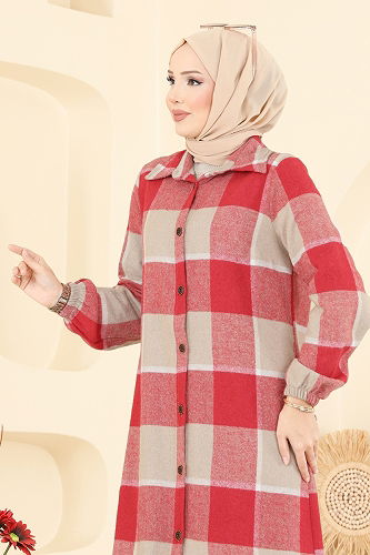 moda selvim Kare Desenli Ekose Tunik 3068KTR750 Bej&Kırmızı - Thumbnail