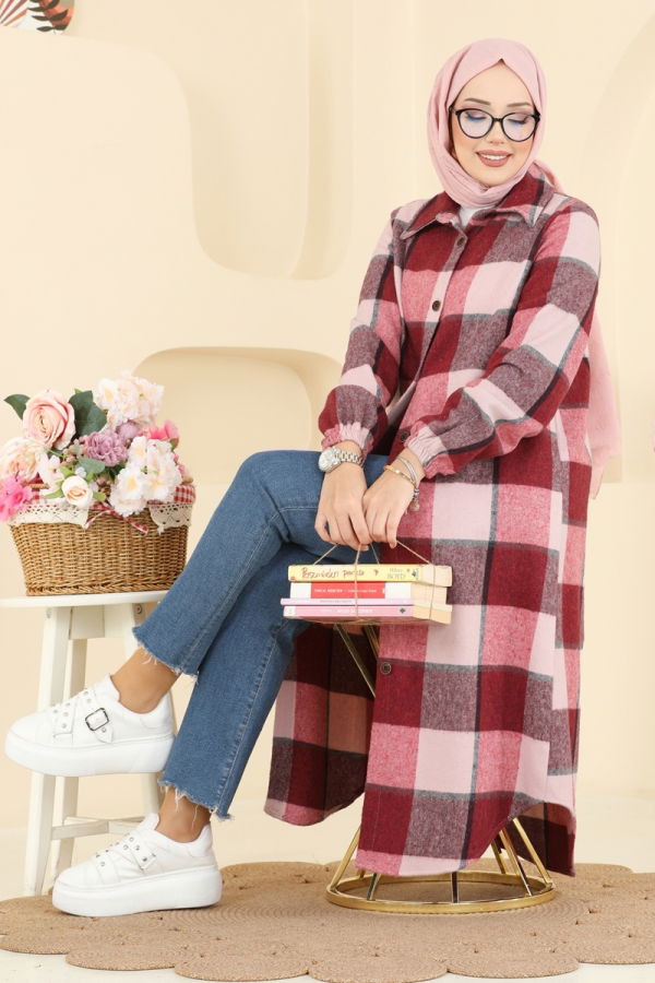 Modaselvim Tunik Kare Desenli Ekose Tunik 3068KTR750 Bordo