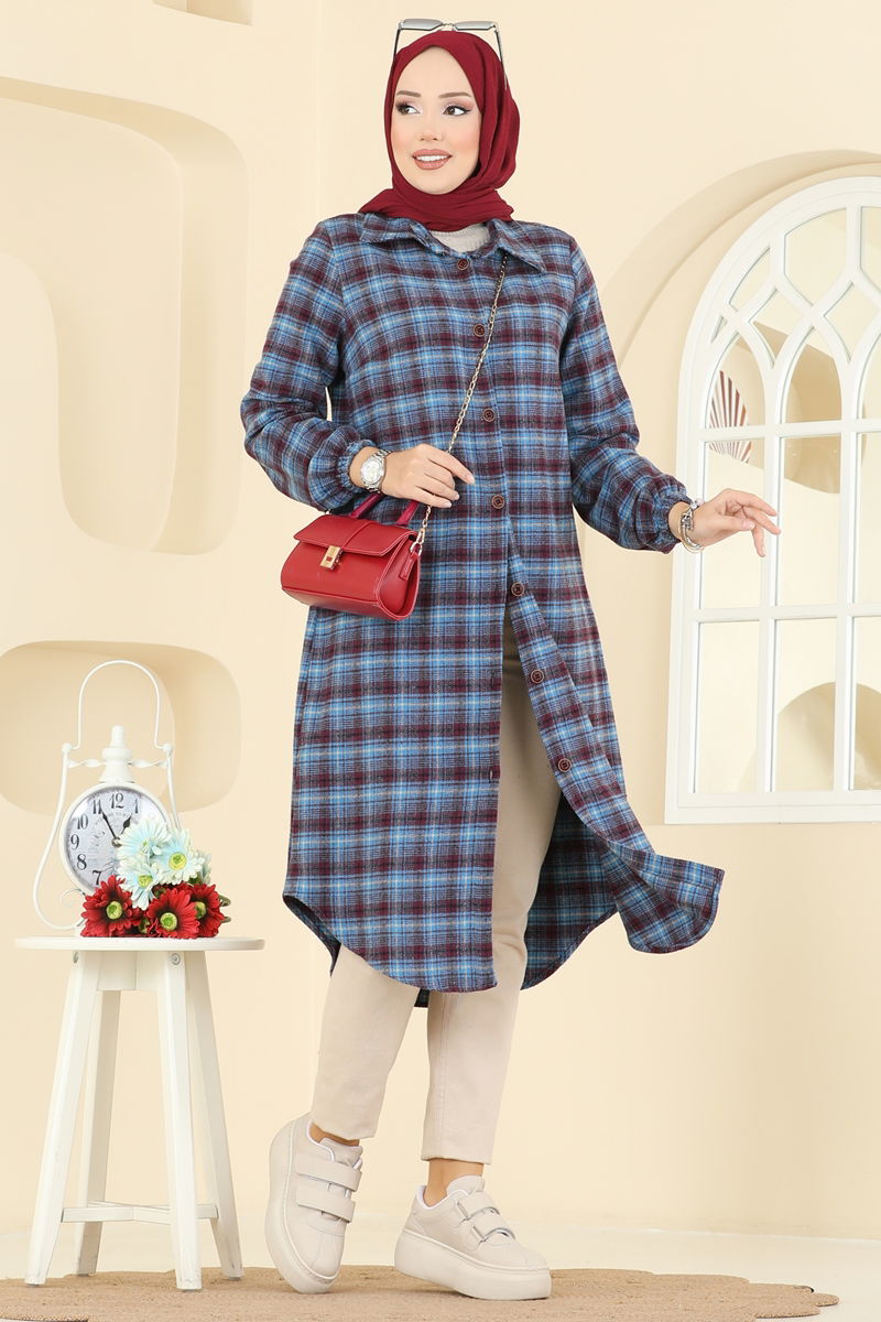 Kare Desenli Ekose Tunik 3068KTR750 Bordo&Mavi