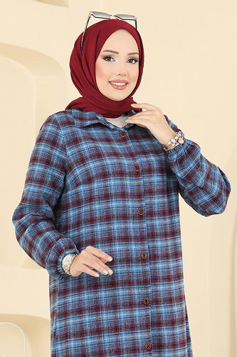 moda selvim Kare Desenli Ekose Tunik 3068KTR750 Bordo&Mavi - Thumbnail