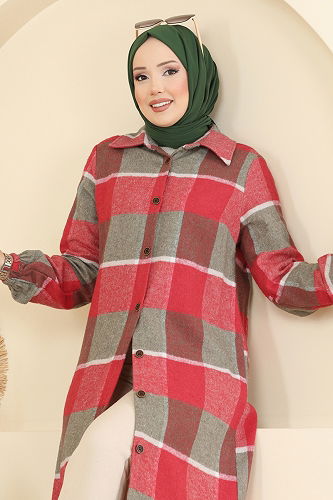 moda selvim Kare Desenli Ekose Tunik 3068KTR750 Haki&Kırmızı - Thumbnail