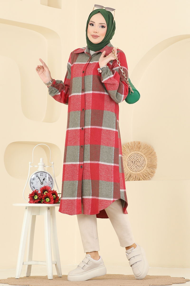 Kare Desenli Ekose Tunik 3068KTR750 Haki&Kırmızı