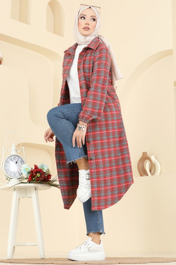 Modaselvim Tunik Kare Desenli Ekose Tunik 3068KTR750 Kırmızı