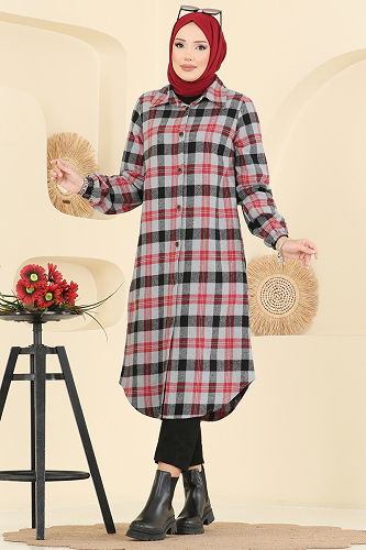 moda selvim Kare Desenli Ekose Tunik 3068KTR750 Kırmızı&Gri - Thumbnail