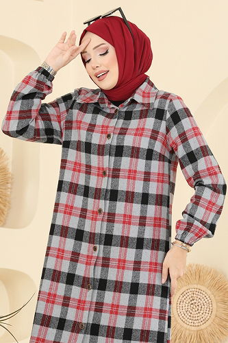 moda selvim Kare Desenli Ekose Tunik 3068KTR750 Kırmızı&Gri - Thumbnail