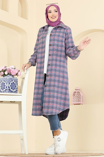 moda selvim Kare Desenli Ekose Tunik 3068KTR750 Lila - Thumbnail