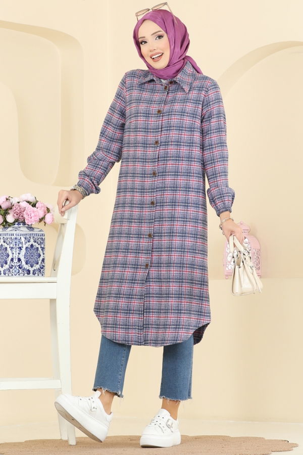 Modaselvim Tunik Kare Desenli Ekose Tunik 3068KTR750 Lila